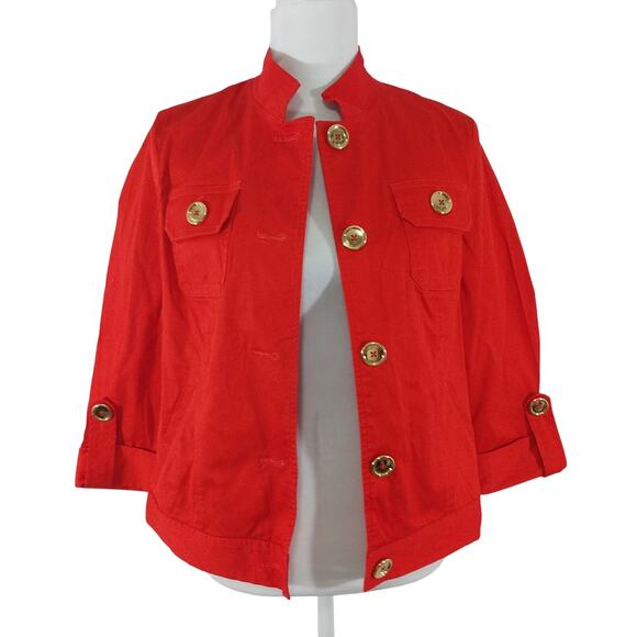 JONES NEW YORK! RICH RED STRETCH, GOLD BUTTON JEAN JACKET STYLE BLAZER! SZ S - Picture 3 of 9